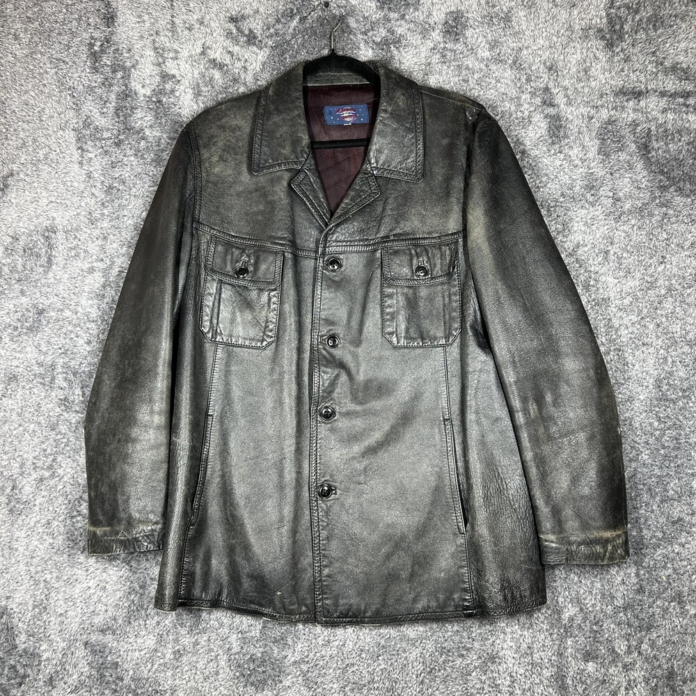 Coat Mens L Black Overcoat Leather Lined Collared Pockets Button Mid-Length